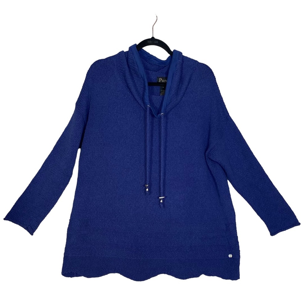 Pure Handknit Sweater 100% Cotton Cowl Neck Scalloped Hem Blue Size XL